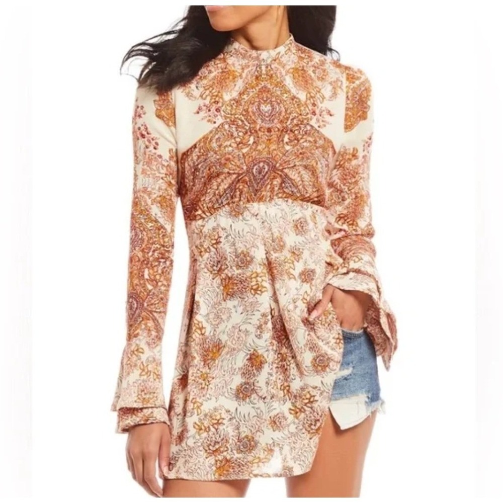 Free People Lady Luck Printed Tunic Dress Boho Paisley Open Back Festival Small